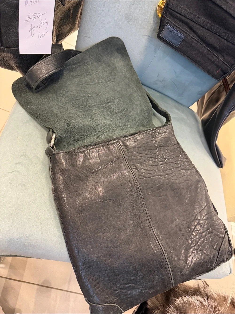 Men's Black Textured Leather Messenger Bag with Adjustable Strap